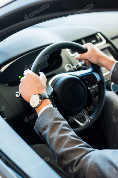 Preview: cropped view of man holding steering wheel while sitting in car