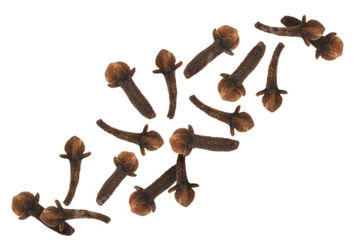 Preview: Clove buds in air on white background. Aromatic spice