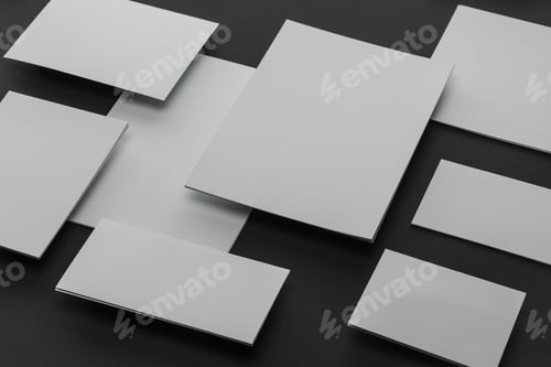 Preview: Flat lay with sheets of paper, envelopes and cards