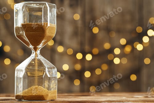 Preview: Hourglass on wooden desk against blurred lights