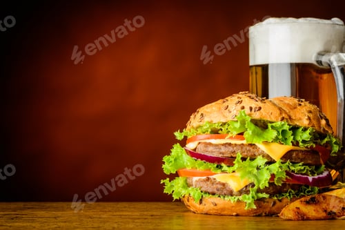 Preview: Burger and Mug of Cold Beer with Copy Space