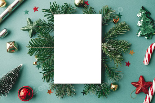 Preview: Christmas card flat lay. Modern greeting card mockup with stylish christmas decorations on green