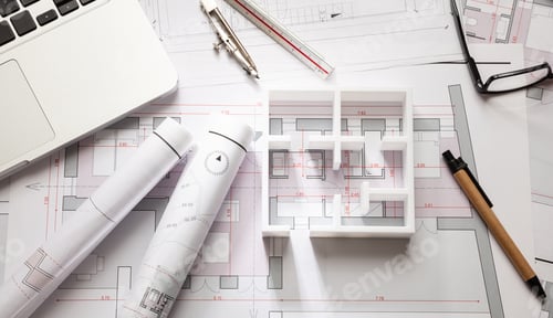 Preview: Construction concept. Residential building drawings and house model,