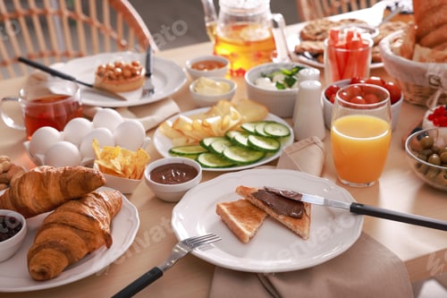 Preview: Dishes with different food on table indoors. Luxury brunch