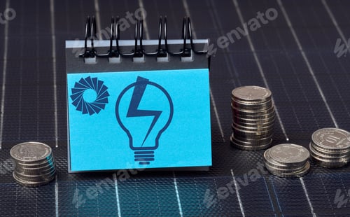 Preview: A stack of coins and a notepad with a drawn light bulb stand on the surface of a solar panel
