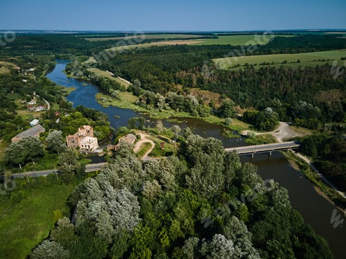 Preview: Aerial view of Southern Bug river and granite mountains, summer landscape