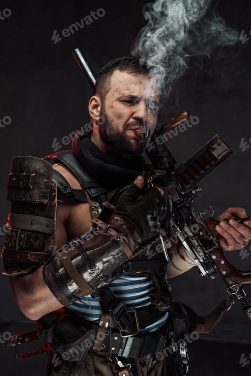 Preview: Self confident brutal stalker smokes cigar holding shotgun