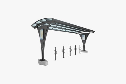 Preview: Bus stop canopy with integrated screen and bollards