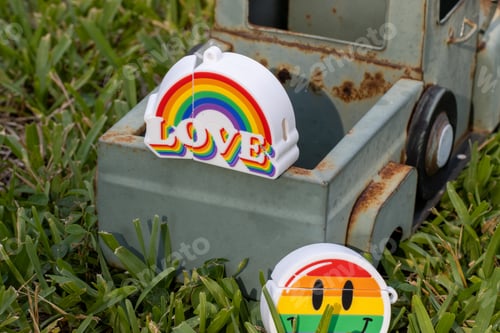 Preview: Pride celebration decor with rainbow-colored items in nature