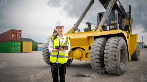 Preview: Quality Insurance Manager Claim Wheel of Big Forklift during forklift carry Big Wheel at Maintenance