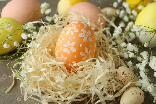 Preview: Easter eggs and gypsophila flowers on gray textured background