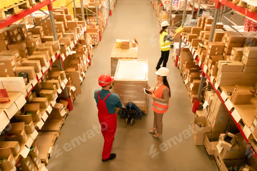 Preview: Manager and workers at warehouse, above view. Logistics center