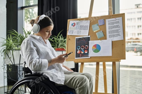 Preview: Modern businesswoman in wheelchair working in office