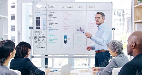 Preview: Presentation, discussion and business people with whiteboard in office for project analysis with te
