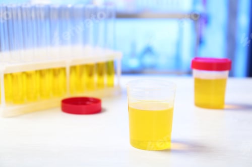 Preview: Container with urine sample for analysis on table in laboratory