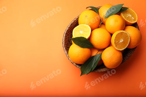 Preview: Fresh ripe oranges and green leaves in wicker basket on orange background, top view. Space for text