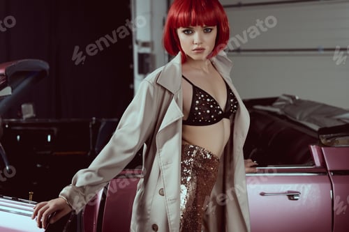 Preview: beautiful young woman in fashionable trench coat looking at camera while standing near retro car