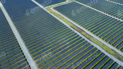 Preview: Aerial view of solar farm. Solar power for green energy. Sustainable resources. Solar cell panels