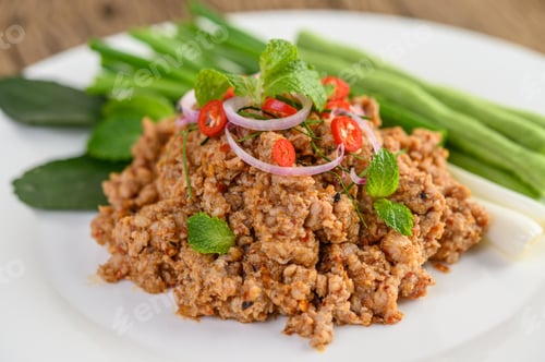 Preview: Spicy Minced Pork Salad on a white plate with lentils, kaffir lime leaves and spring onions.