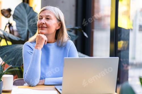 Preview: Elderly woman working on laptop in peaceful cafe interior.