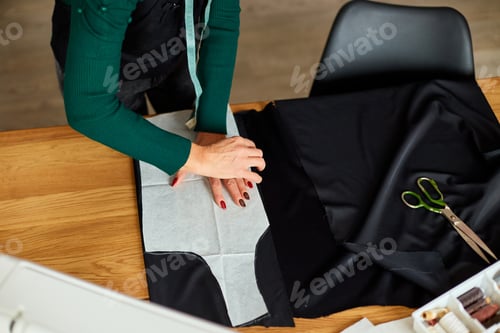 Preview: Top view Step by step, Woman dressmaker making sewing patterns