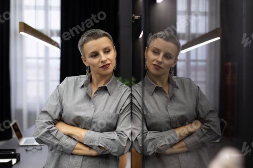 Preview: portrait of a successful mature businesswoman with a short haircut in the office looking at her