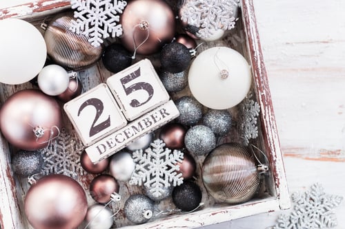 Preview: Christmas decorations and wooden blocks with 25 December Date