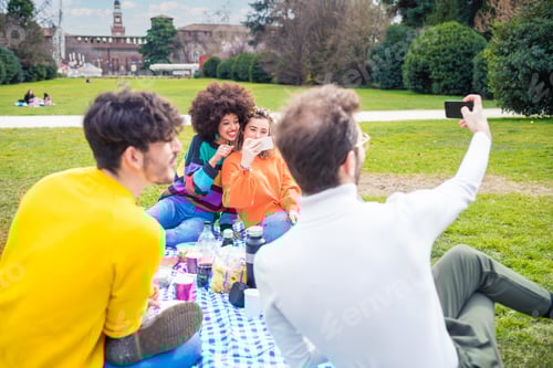 Preview: Four young students multi ethnic friends outdoor doing pic nic in a park using smartphone
