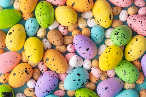 Preview: Easter composition made with colorful eggs. Creative holiday concept. Flat lay.