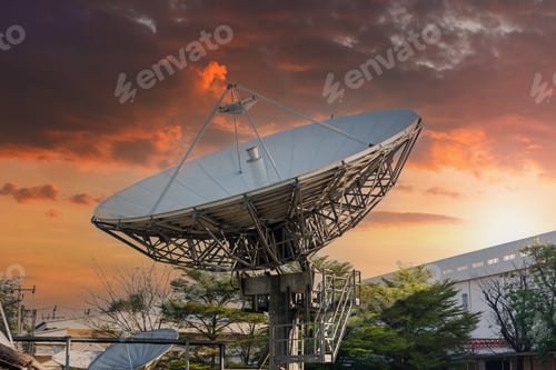Preview: satellite dish radar antenna station in field. parabolic antennas