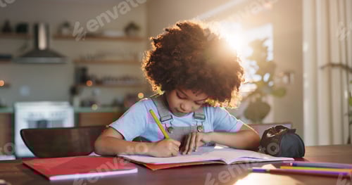 Preview: Boy, home and writing homework on table in house, education and school work with kid or notebook. C