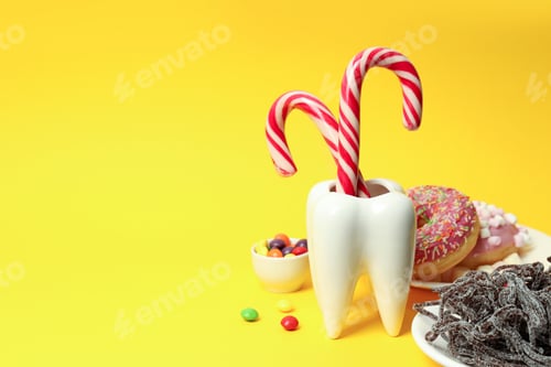 Preview: Concept of food bad for teeth on yellow background