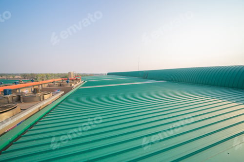 Preview: Metal sheet corrugated roof on rooftop of industry factory. Steel structure of station building