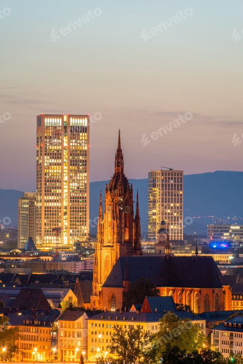 Preview: Frankfurt Cathedral and City at Night. Aerial View. Hesse, Germany