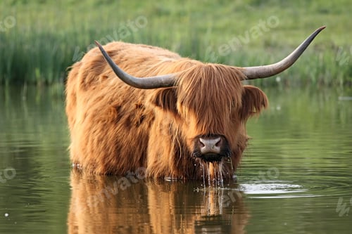 Preview: Closeup of Highland cattle in water