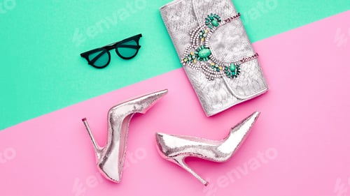 Preview: Fashion Summer Glamor Accessories minimal look. Woman stylish clothes collection falling on purple b