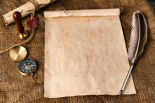 Preview: Old paper with compass and quill pen top view
