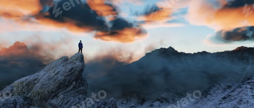 Preview: Adventure man on Rocky Mountain Landscape. Nature Background.