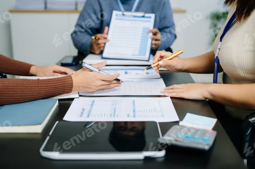Preview: Team business meeting presentation. Hand businessman working project in modern office.