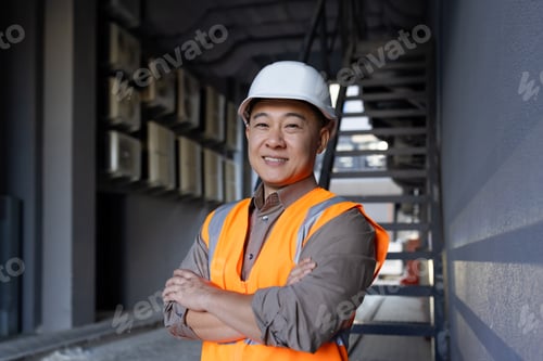 Preview: Portrait of a smiling Asian male engineer, construction worker, technician standing outside a