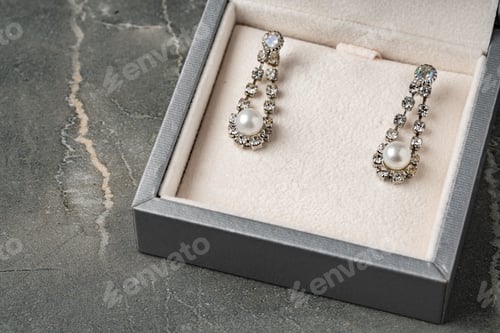 Preview: Golden earrings and jewelry box on table close up