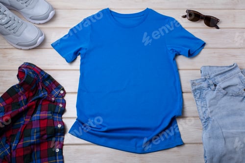 Preview: Unisex blue T-shirt mockup with trainers and jeans