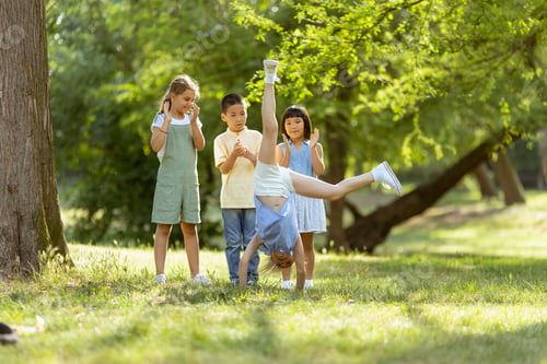 Preview: Group of asian and caucasian kids having fun in the park