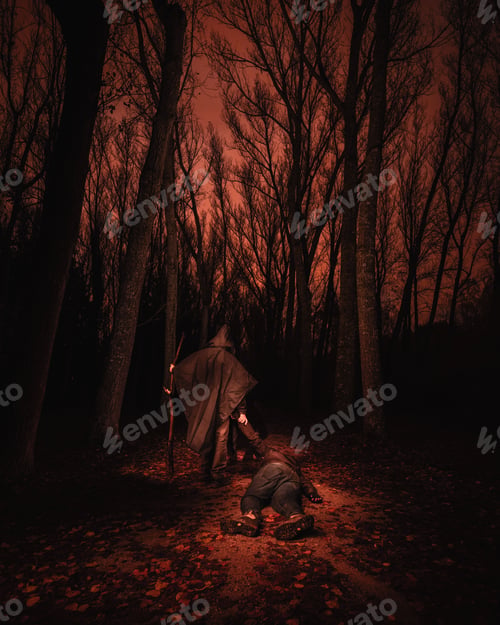 Preview: Person in wizard costume carrying man between murk forest in redness