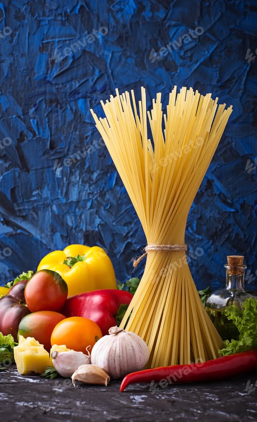 Preview: Concept of Italian food. Pasta, tomato, olive oil, pepper, parsley and cheese