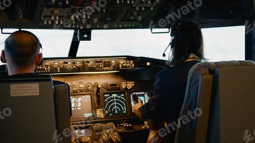 Preview: Team of captain and woman copilot fixing altitude and longitude