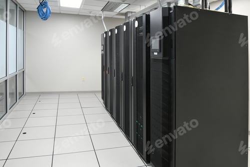Preview: IT Department storage array server racks in a clean bright computer room at a company