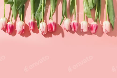 Preview: Pink tulips on pink. Floral pattern. Space for text.