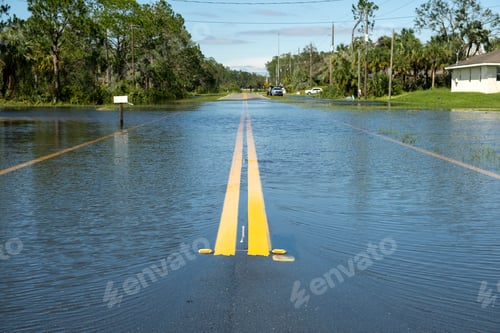 Preview: Flooded Florida road in suburban residential area. Driving hazard.