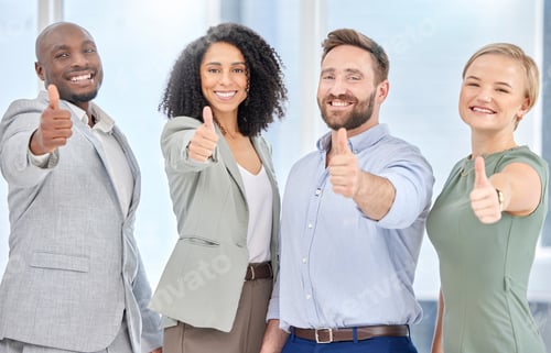 Preview: Thumbs up, business people portrait and thank you hand gesture with diversity and solidarity. Winne